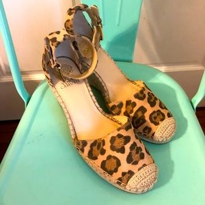 New Vince Camuto Leather Leopard Ankle Strap Wedge Espadrilles 9.5